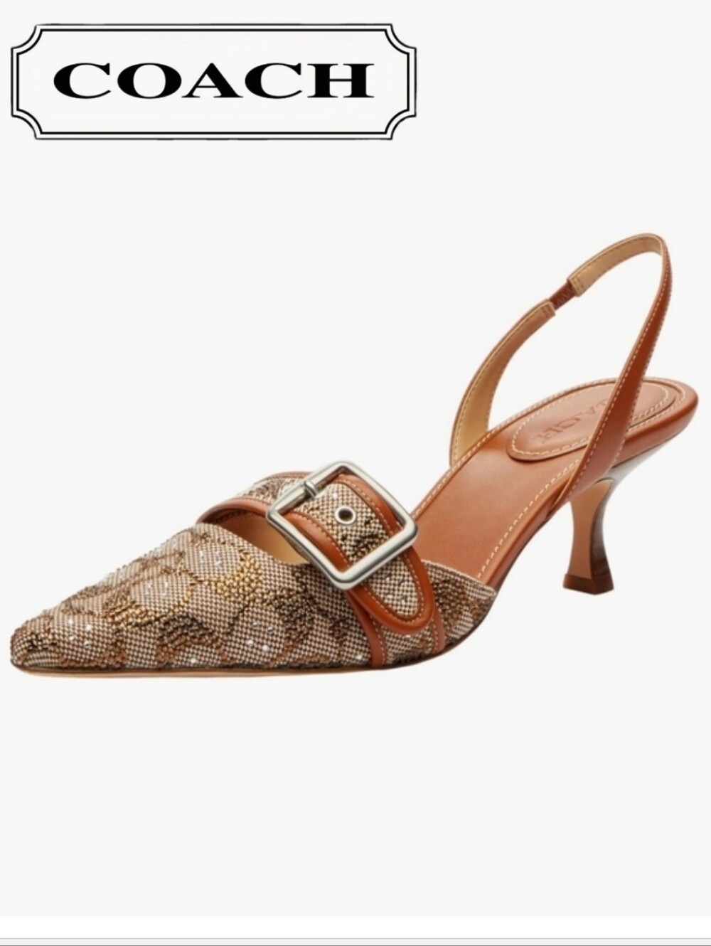 🔥⏳️SALE! COACH Margot Signature Crystal Slingback Kitten Heel, Sz 10